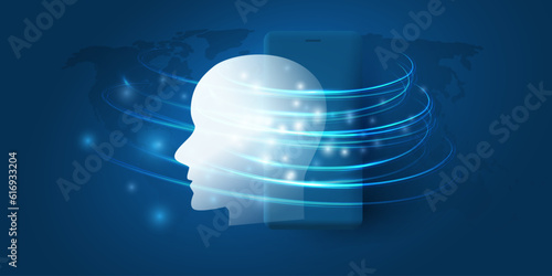 Futuristic Blue Machine Learning, Artificial Intelligence, Cloud Computing, Automated Support Assistance and Networks Design Concept with 3D Robot or Human Face Silhouette and Mobile Phone