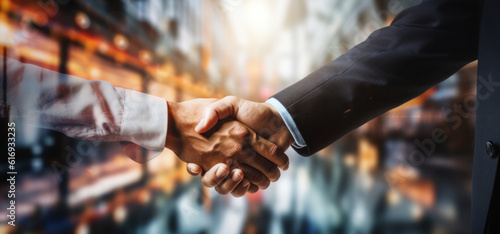 Successful negotiation, handshake, and two businessmen shaking hands with a partner to celebrate a cooperation and business agreement concept. Businessman handshake