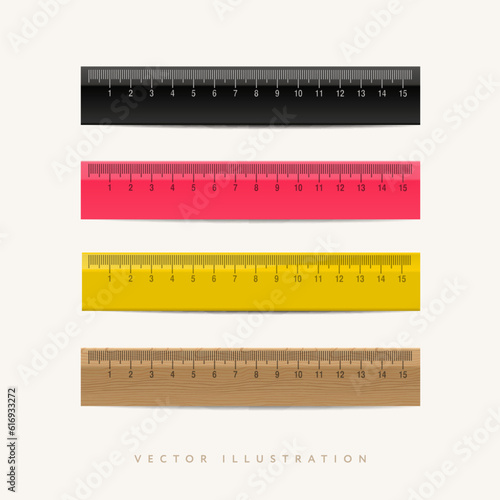 Wooden rulers with shadows isolated on white. Measuring tool. School supplies. Vector illustration.