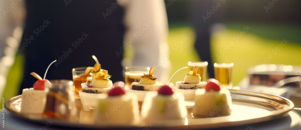 Luxury food service, appetisers by a waiter at a wedding celebration or formal event in classic English style at luxurious hotel or country estate, generative ai