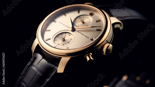 Luxury mens watch commercial concept, bespoke gold design on dark background, generative ai