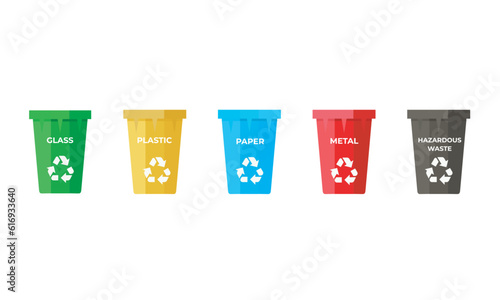 5 trash cans to sort glass, plastic, paper, metal and unsafe waste