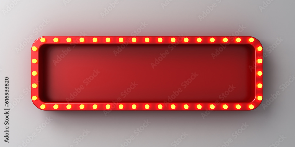 Long retro billboard display box or blank long red signboard with glowing yellow neon light bulbs isolated on dark white wall background with shadow 3D rendering