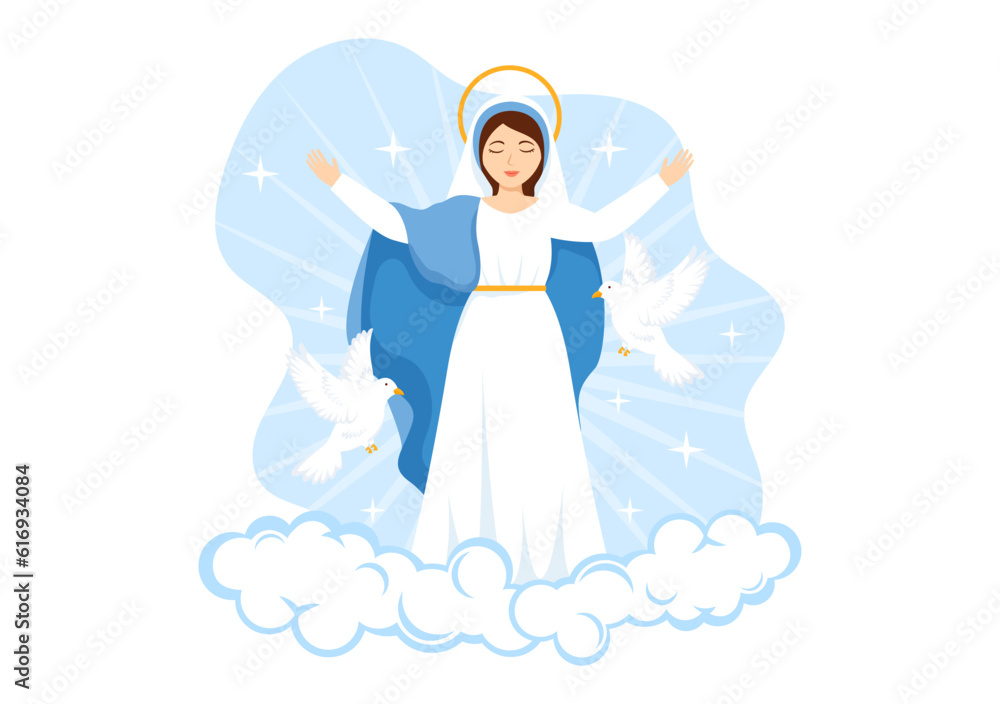 Assumption of Mary Vector Illustration with Feast of the Blessed Virgin and Doves in Heaven in Flat Cartoon Hand Drawn Background Templates Assumption of Mary Vector Illustration with Feast of the Blessed Virgin and Doves in Heaven in Flat Cartoon Hand Drawn Background Templates
