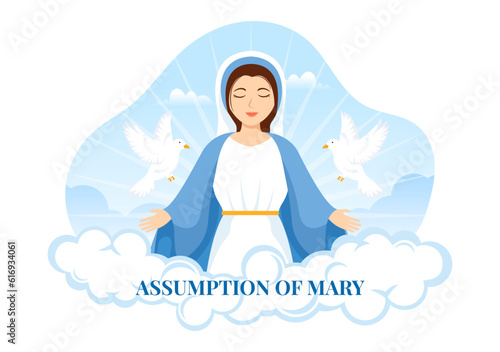 Assumption of Mary Vector Illustration with Feast of the Blessed Virgin and Doves in Heaven in Flat Cartoon Hand Drawn Background Templates