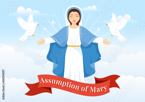 Assumption of Mary Vector Illustration with Feast of the Blessed Virgin and Doves in Heaven in Flat Cartoon Hand Drawn Background Templates