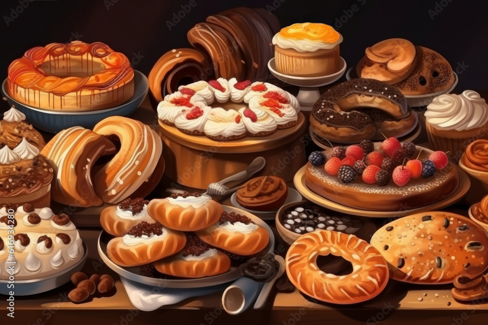 Bakery pastry products - bun, bagel with chocolate and cream on dark background. Food, breakfast, baking, desserts concept. Generative AI Bakery pastry products - bun, bagel with chocolate and cream on dark background. Food, breakfast, baking, desserts concept. Generative AI