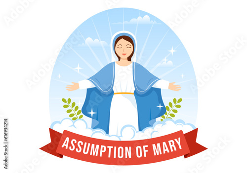 Assumption of Mary Vector Illustration with Feast of the Blessed Virgin and Doves in Heaven in Flat Cartoon Hand Drawn Background Templates