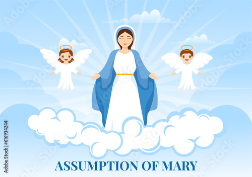 Assumption of Mary Vector Illustration with Feast of the Blessed Virgin and Kids Angels in Heaven in Flat Cartoon Hand Drawn Background Templates photo
