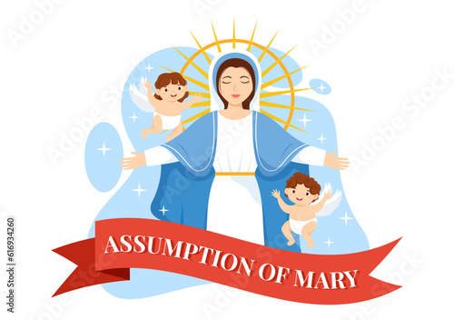 Assumption of Mary Vector Illustration with Feast of the Blessed Virgin and Kids Angels in Heaven in Flat Cartoon Hand Drawn Background Templates