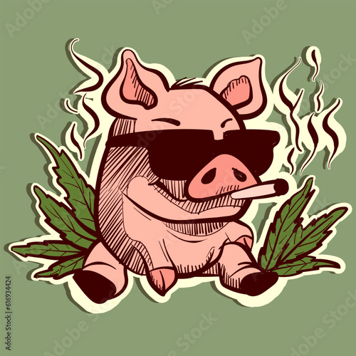 Illustration of a cute cartoon pig with sunglasses smoking a joint. Vector of a piglet character with marijuana leaves around him holding a cigarette in his mouth