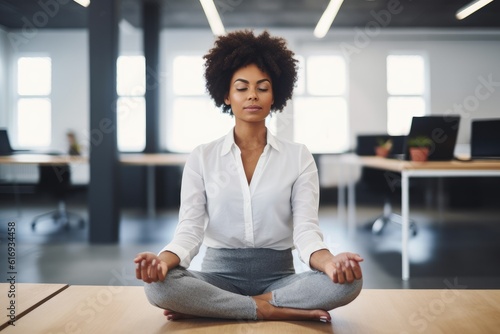 Protect employee mental health. Support Employee Wellness, Promote Mental Health at Workplace office. business woman sitting at office desk and meditating
