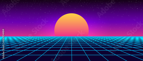 Digital retro landscape 1980s style. Futuristic cyber surface. 80s Retro Sci-Fi background. Album cover or banner in the style of the 80-90s. Vector illustration.
