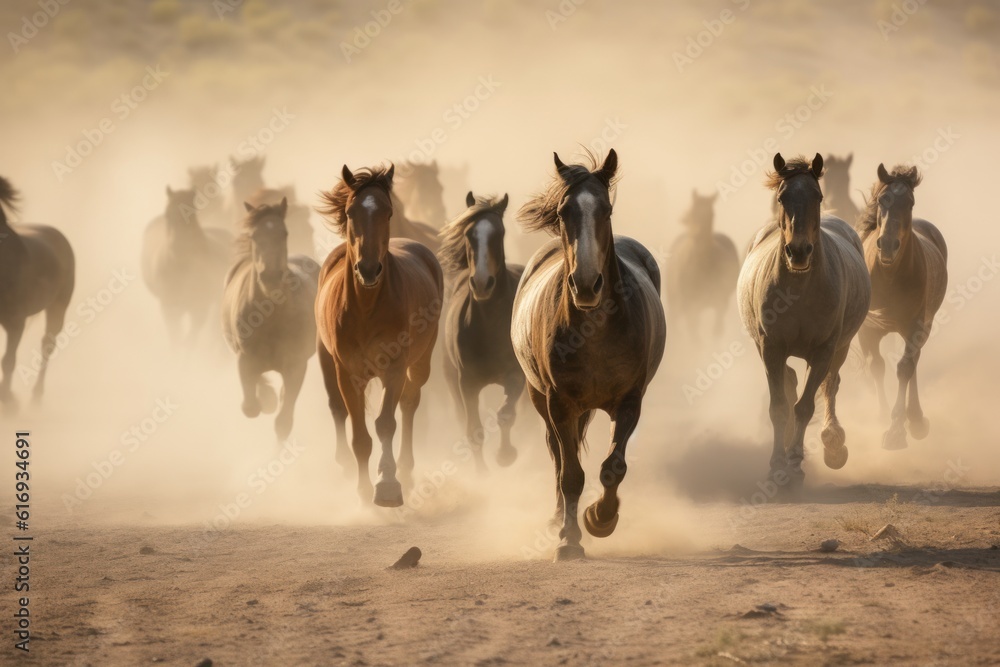 Herd of wild mustang horses galloping wildly in nature. Generative AI 4 - obrazy, fototapety, plakaty 
