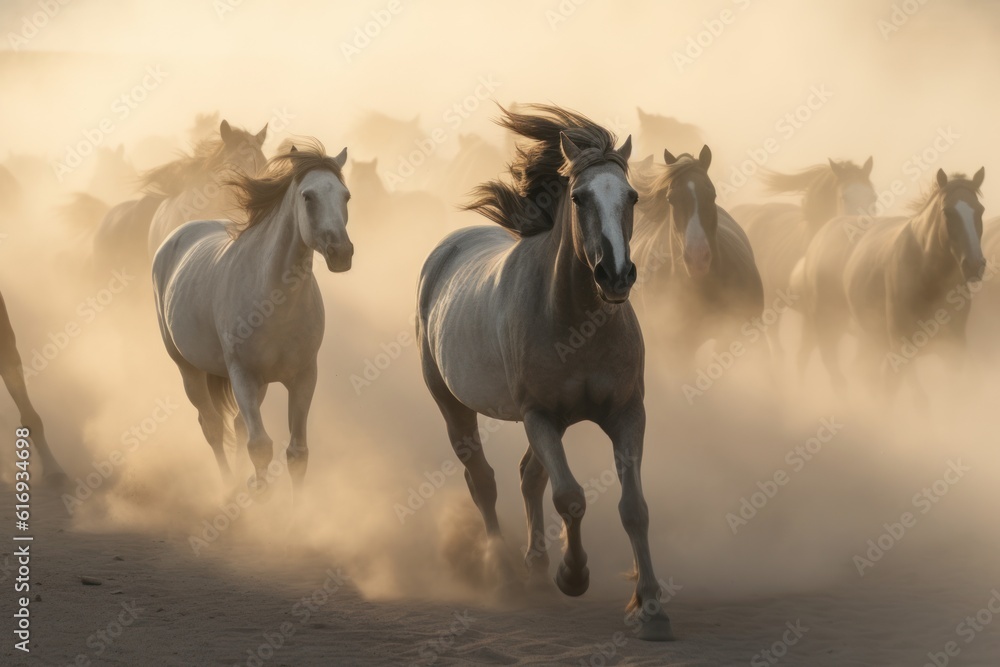 Fototapeta Herd of wild mustang horses galloping wildly in nature