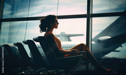 Woman with sunglasses waiting to board her plane at the airport lounge, on transit to her luxury holiday destination, generative AI