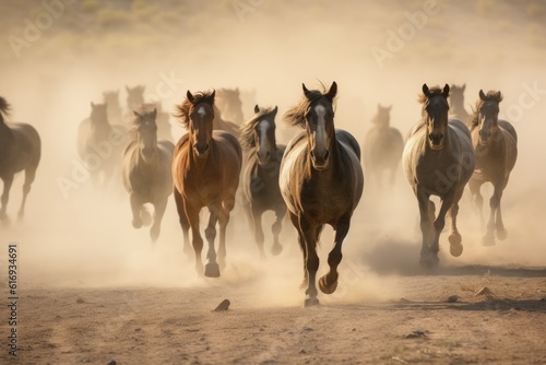 Herd of wild mustang horses galloping wildly in nature photo