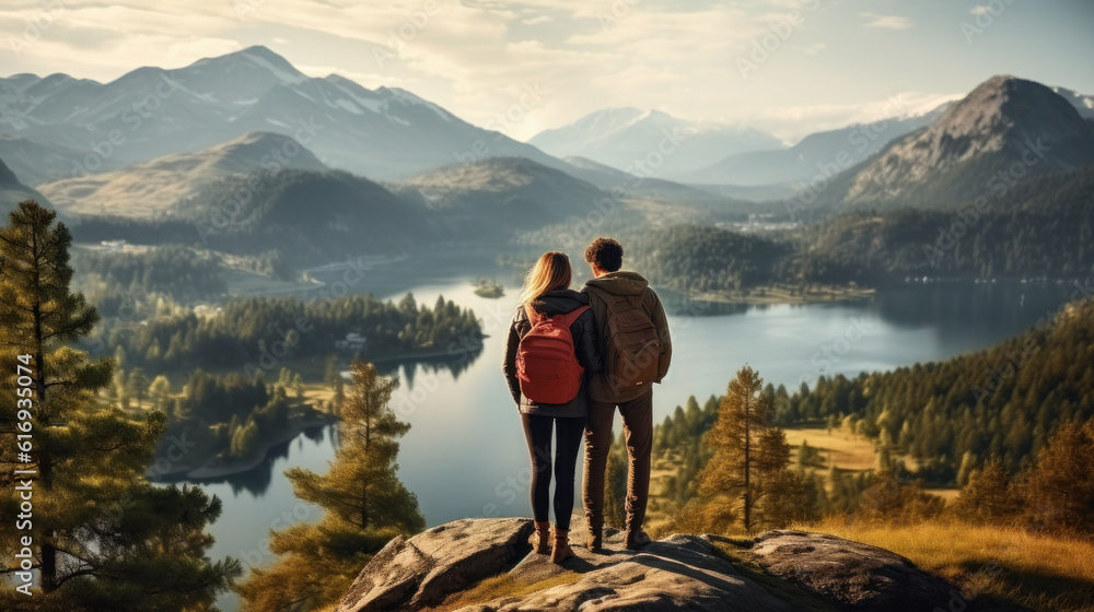 couple on top of a mountain looking at an alpine lake