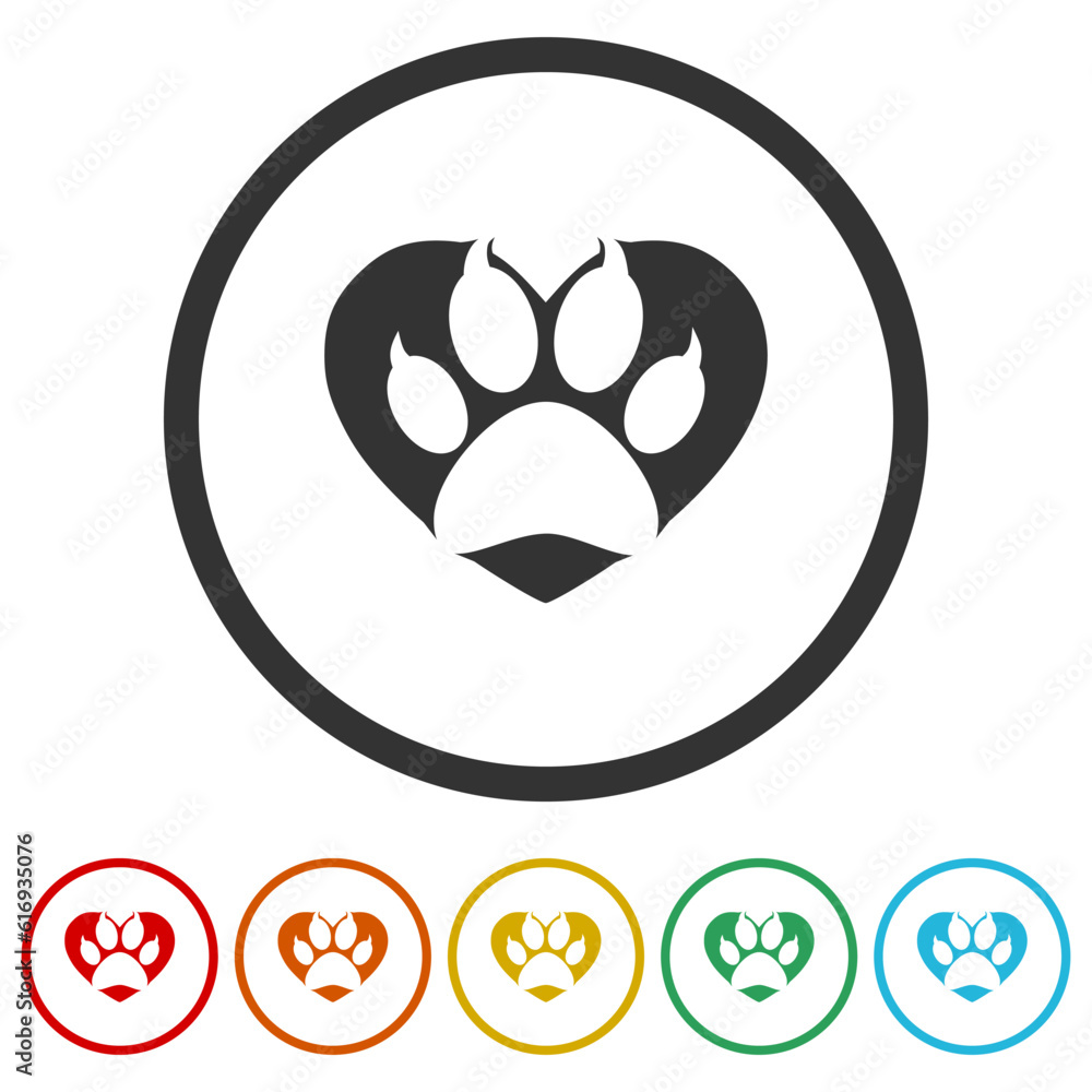 Love Paw Print icon. Set icons in color circle buttons