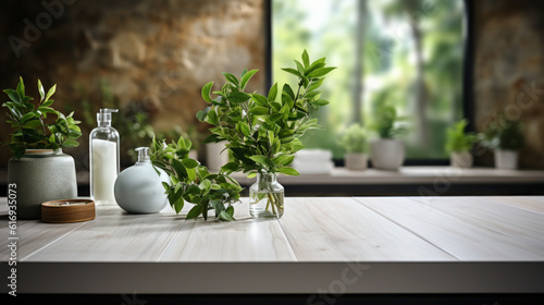 Interior of a white bathroom. Empty wooden tabletop for product display against a fuzzy bathroom interior