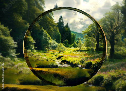 Focus on a beautiful landscape rich in nature seen through a circle of glass. photo