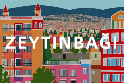 Zeytinbağı: Modern illustration of a Turkish scene with the name Zeytinbağı in Bursa