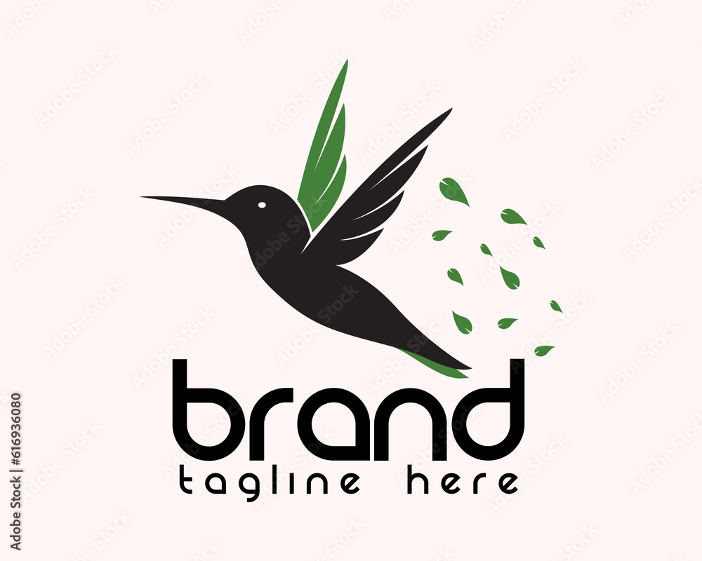 Fototapeta premium flying hummingbird with flying leaf eco nature logo symbol icon design template illustration inspiration