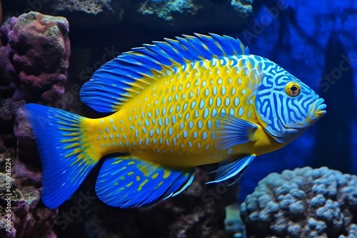 Bright yellow-blue fish in the sea. 