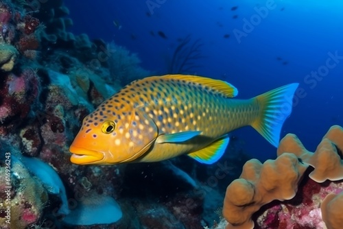 Fish swim at the bottom of the ocean. 