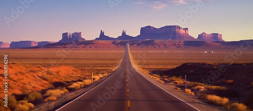 Beauty of the desert landscape through an endless highway, surrounded by mountains in the californian countryside
