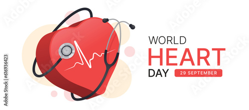 World Heart Day - Stethoscope rolling around 3D heart symbol with line heart rhythm wave vector design