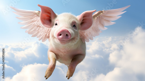 Pink flying pig with wings above clouds in the sky