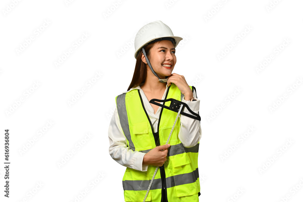 Portrait of female engineer wearing safety vest and hardhat standing isolated on white background Portrait of female engineer wearing safety vest and hardhat standing isolated on white background