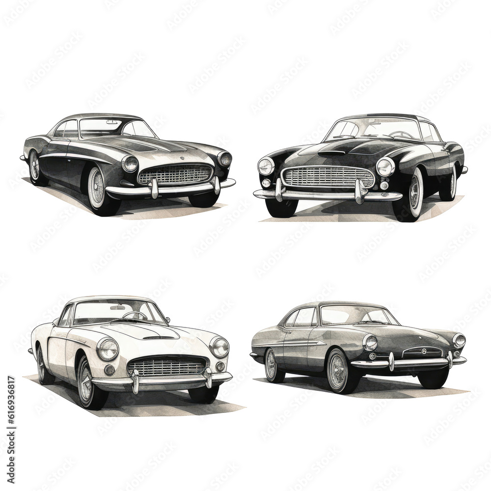 Set of old vintage cars isolated on transparent background