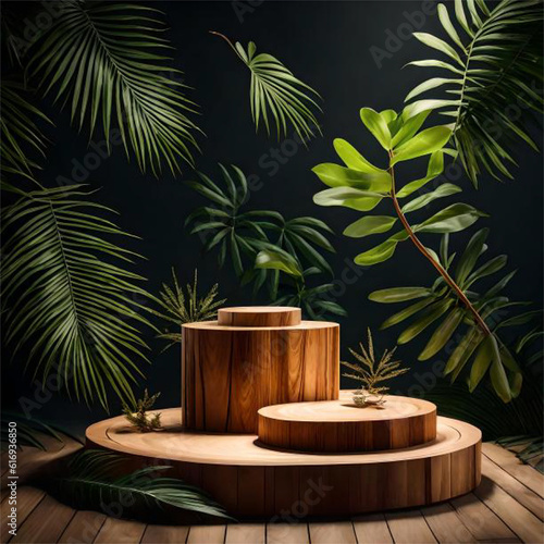 Podium slices on a natural green background with leaf decoration. Modern product display for advertising and presentation of natural cosmetics and natural product placement pedestal stand display