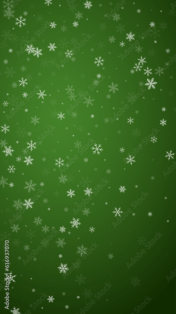 Snowfall overlay christmas background. Subtle flying snow flakes and stars on christmas green background. Festive snowfall overlay. Vertical vector illustration. Snowfall overlay christmas background. Subtle flying snow flakes and stars on christmas green background. Festive snowfall overlay. Vertical vector illustration.