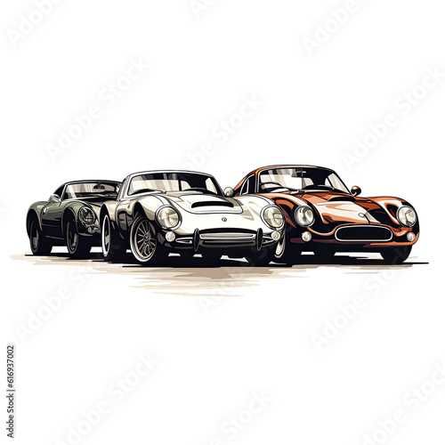 Set of vintage super cars on transparent background