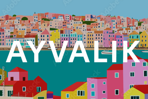 Ayvalık: Modern illustration of a Turkish scene with the name Ayvalık in Balıkesir