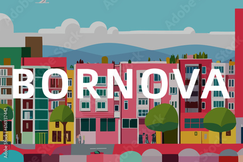 Bornova: Modern illustration of a Turkish scene with the name Bornova in İzmir