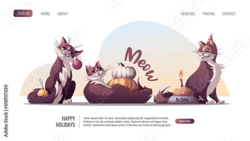Cute cats with christmas balls, pumpkins, bowl of cat food. New Year, Christmas, Birthday, Thanksgiving celebration concept. Vector illustration for poster, banner, website.