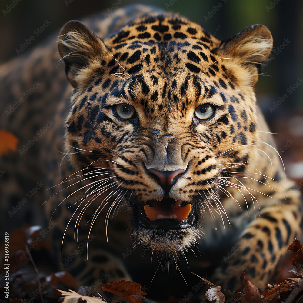 Fototapeta premium A courageous leopard (Panthera pardus) asserting its dominance in its territory. Taken with a professional camera and lens.