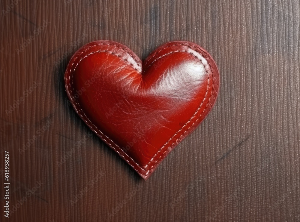 Gingham Love Valentine's hearts natural cord and red clips hanging on rustic driftwood texture background, copy space. Created with Generative AI technology.