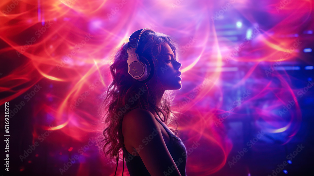 Dancer with headphones in background room with spotlights and lights, neon-lit abstract purple background