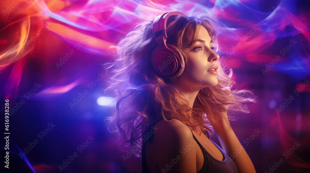 Dancer with headphones in background room with spotlights and lights, neon-lit abstract purple background Dancer with headphones in background room with spotlights and lights, neon-lit abstract purple background