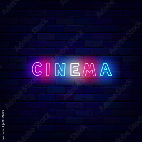 Cinema neon label. Multicolored handwritten text. Movie time. Typography sign. Vector stock illustration