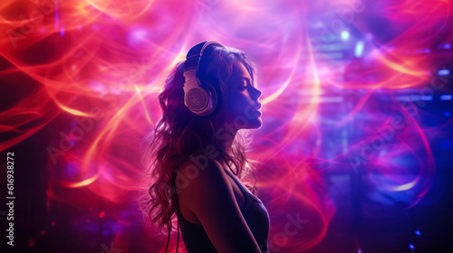 Dancer with headphones in background room with spotlights and lights, neon-lit abstract purple background