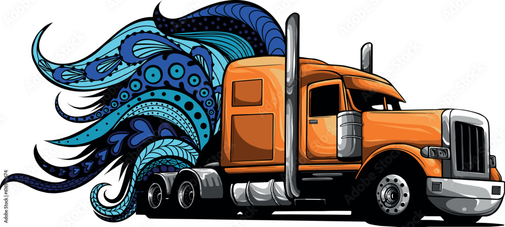 vector illustration of semi Truck with mandala ornaments