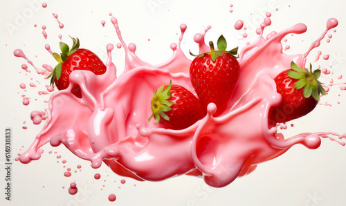 Strawberry isolated on white background with milk or yogurt splash, 3D depiction
