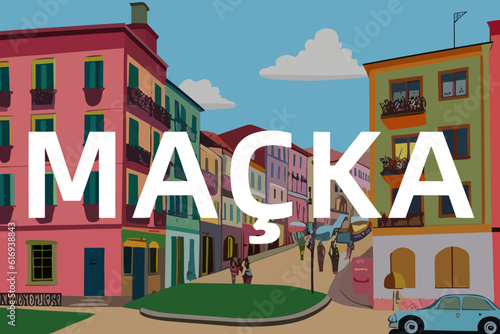 Maçka: Modern illustration of a Turkish scene with the name Maçka in Trabzon