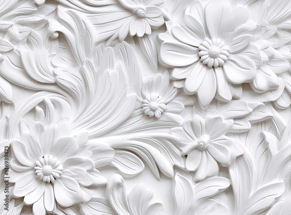 Patterns on the ceiling gypsum sheets of white flowers, plaster background - floral pattern, seamless pattern. Created with Generative AI technology